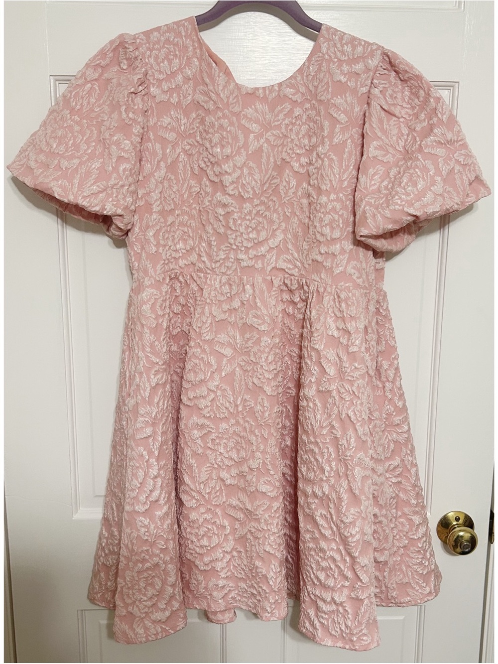 So Me Blush Pink Floral Jacquard Puff-Sleeve Dress